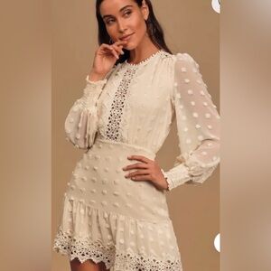 Lulus Lust or Love cream embroidered long sleeve mini dress.  Size XS.  Lined